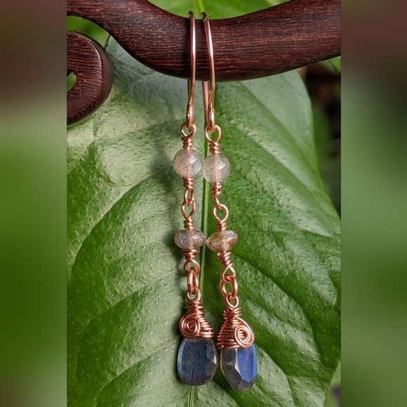 Mystical Labradorite Earrings Dainty Copper Wire Wrapped Design - Picture 10 of 12
